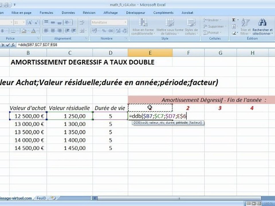 Fonction DDB sur Excel