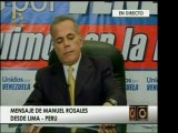 Manuel Rosales habló públicamente desde Lima. Denunció la co