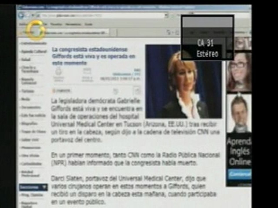 La congresista estadounidense Giffords está viva y es operad
