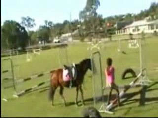 0256 - Elle tombe la barre entre les jambes en équitation