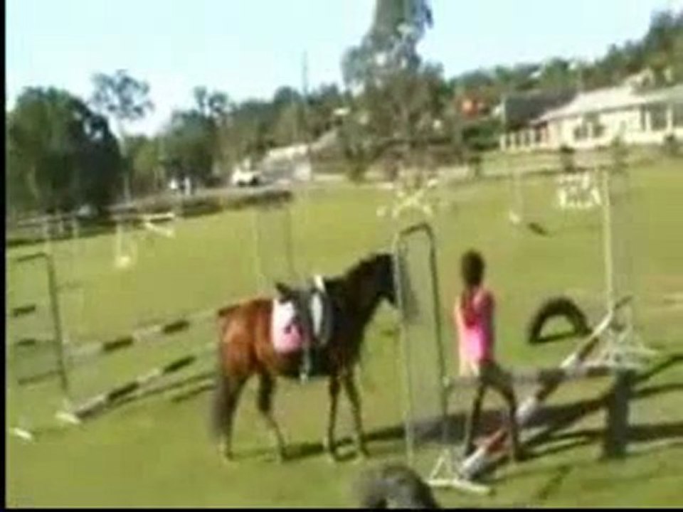 0256 - Elle tombe la barre entre les jambes en équitation