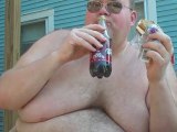 Fat Man Drinks Regular Soda and Eats Ice Cream Sandwiches