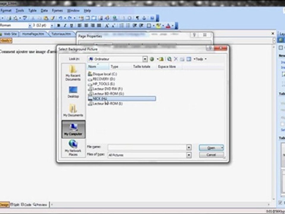 Comment ajouter une image d'arrière plan sur une page FrontPage 2003