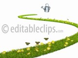 Watering can and growing grass with flowers and butterflies