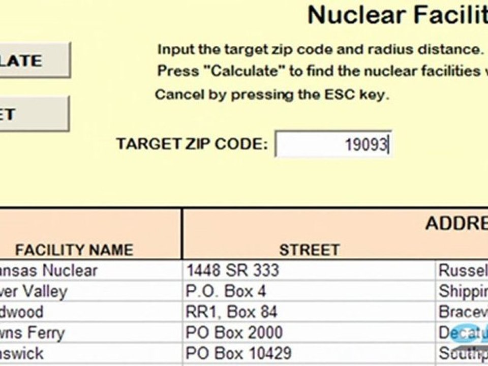 Nuclear Plant Locator in Microsoft Excel
