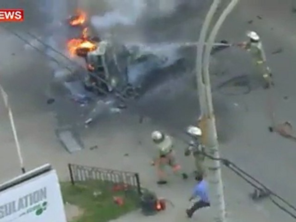 Crashed car blowing up