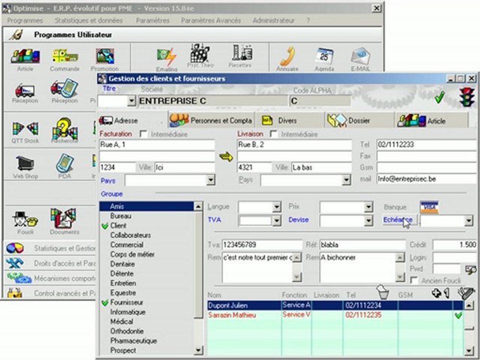 Destinataires: Personnaliser les champs Optimizze - ERP - V12
