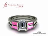 Emerald Cut 3 Stone Diamond Engagement Wedding Rings Bar Set With Pink Sapphire FDENS195