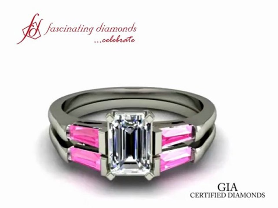 Emerald Cut 3 Stone Diamond Engagement Wedding Rings Bar Set With Pink Sapphire FDENS195