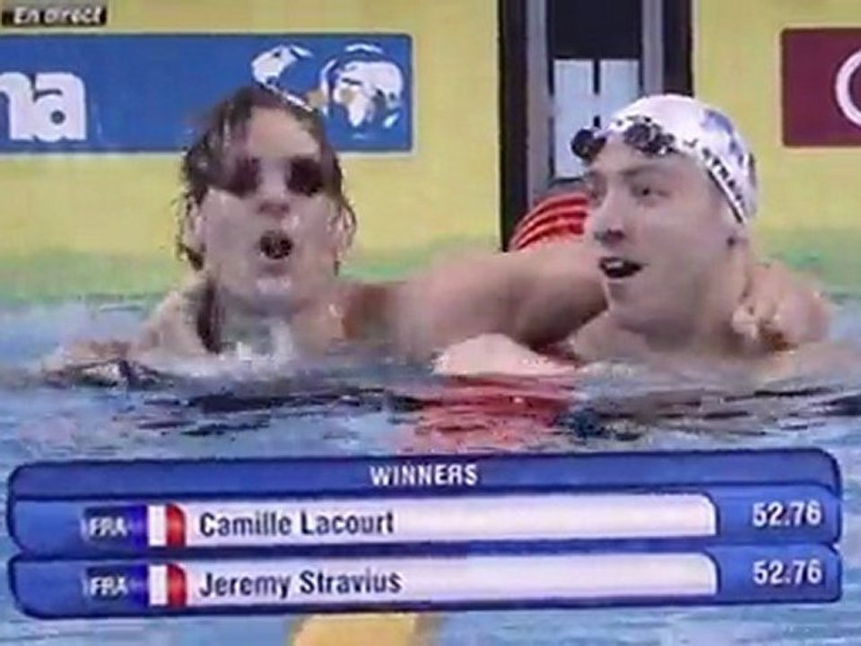 Championnats du monde de Natation 2011 finale des Mondiaux de Shanghai 100m dos crawlé victoire Camille Lacourt  et Jérémy Stravius ex aequo en 52"76