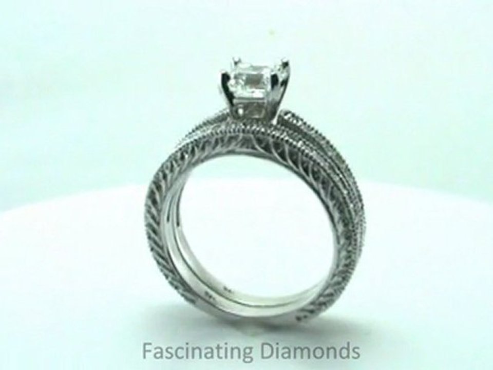 FDENS1790AS  Vintage Style Bridal Wedding Ring Set With Milgrains And Engraved Band