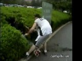 pushing friends into bushes