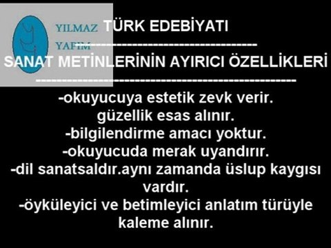 edebi eserin genel özellikleri ve sanat metinlerinin ayırıcı özellikleri videosu izle,yılmaz yapım türk edebiyatı videoları izle videolu anlatım,edebi eser edebi metin nedir videosu izle,yılmaz bahadır ders videoları izle,yılmaz yapım izle