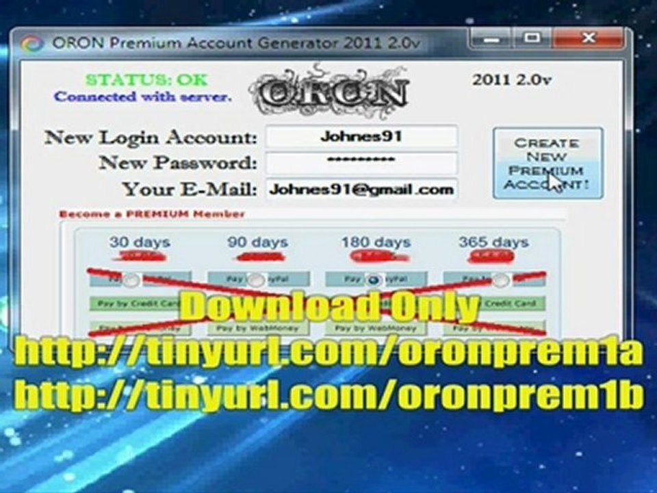 ORON Premium Account Generator 2011 2.0v