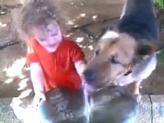Küçük kız ve köpeğin su içme mücadelesi :)