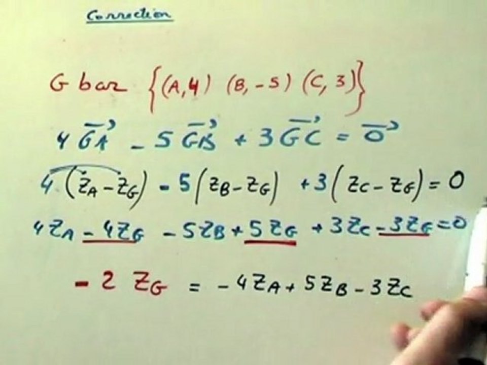 Affixe du barycentre de trois points coefficientés. Relation vectorielle