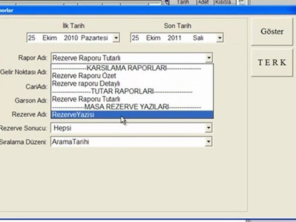 Restrezerve rezervasyon Programı Rapor
