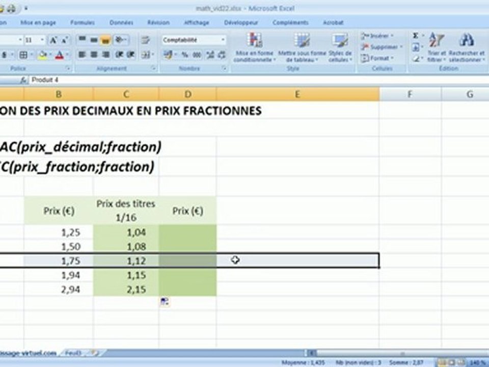 Excel  - prix.frac et prix.dec