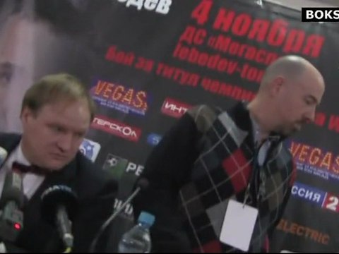 James Toney comes at the press conference after the fight against Denis Lebedev