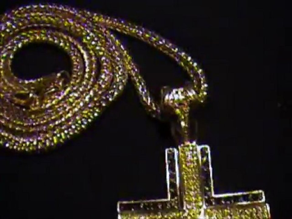 BLACK AND YELLOW SAVORWSKI CRYSTAL CROSS WITH 36 INCH CHAIN ALL GOLD PLATED