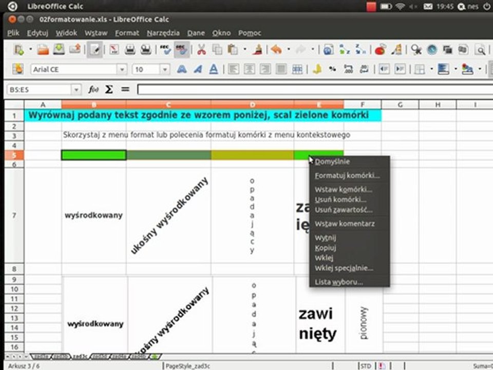 Arkusz kalkulacyjny zestaw 2 formatowanie