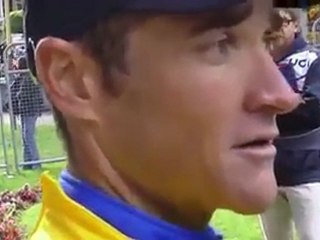 Thomas Voeckler speaks after the finish in Gap after retainnig the yellow jersey at the Tour de France for another day