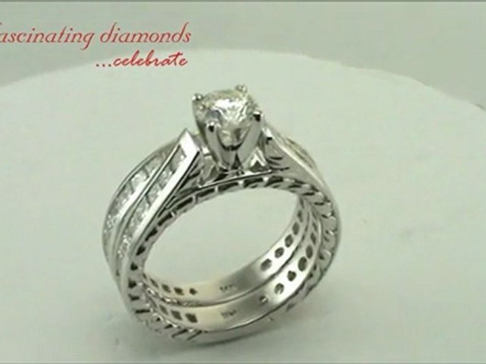 Round Cut Diamond Wedding Ring Set with Princess Cut Side Stones in Channel Setting