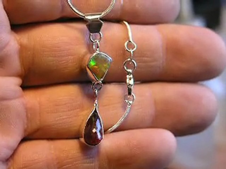 Sterling necklace ethiopia opal and ruby handmade