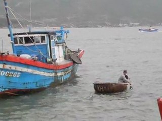VIETNAM/Port de pêche.Déchargement du poisson en bateaux-paniers ronds.