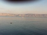 Sailing ship of Jesus surrounded by seagulls at sunset on the Sea of ​​Galilee