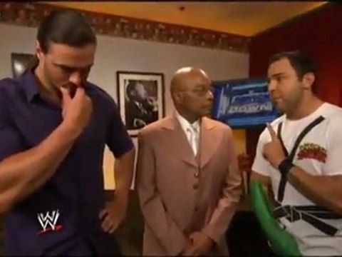 Teddy Long, Santino, Zack Ryder and Drew McIntyre backstage 1-6-12