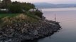 Seagulls flying at sunset over the Sea of ​​Galilee