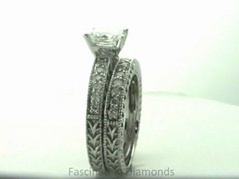 FDENS1790RA Radiant Cut Vintage Style Wedding Rings Set With Milgrains And Engraved Band