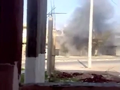 فري برس وقوع قذيفة على أحد المحال التجارية حمص ديربعلبة