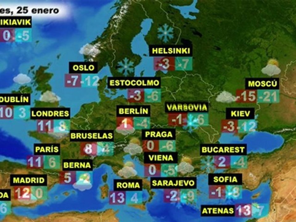 El tiempo en Europa, por países, previsión del martes 24 y el miércoles 25 de enero