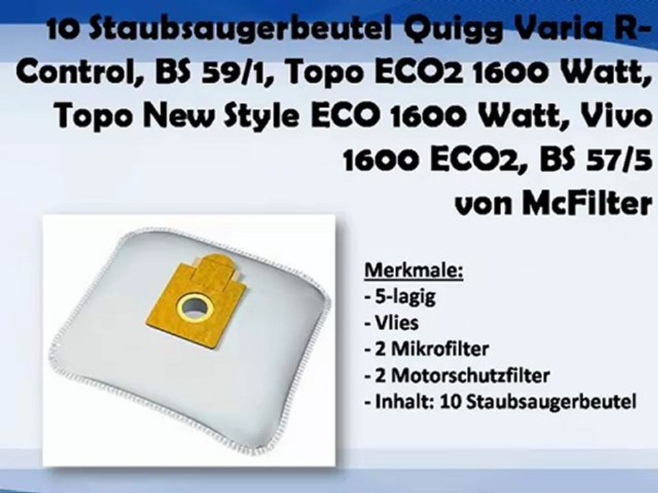 10 Staubsaugerbeutel Quigg ECO1600 Varia R-Control Filtertüten