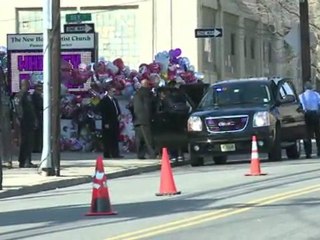 Whitney's golden hearse, ex-husband Bobby Brown outside funeral