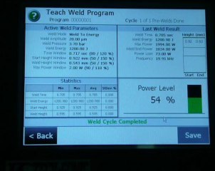 Run Time controller screen view during foil weld