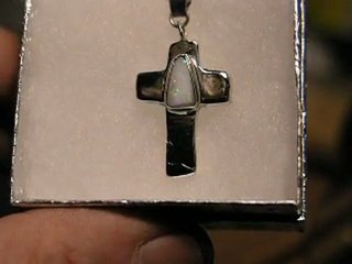 Sterling Hollow Cross Necklace with Idaho opal