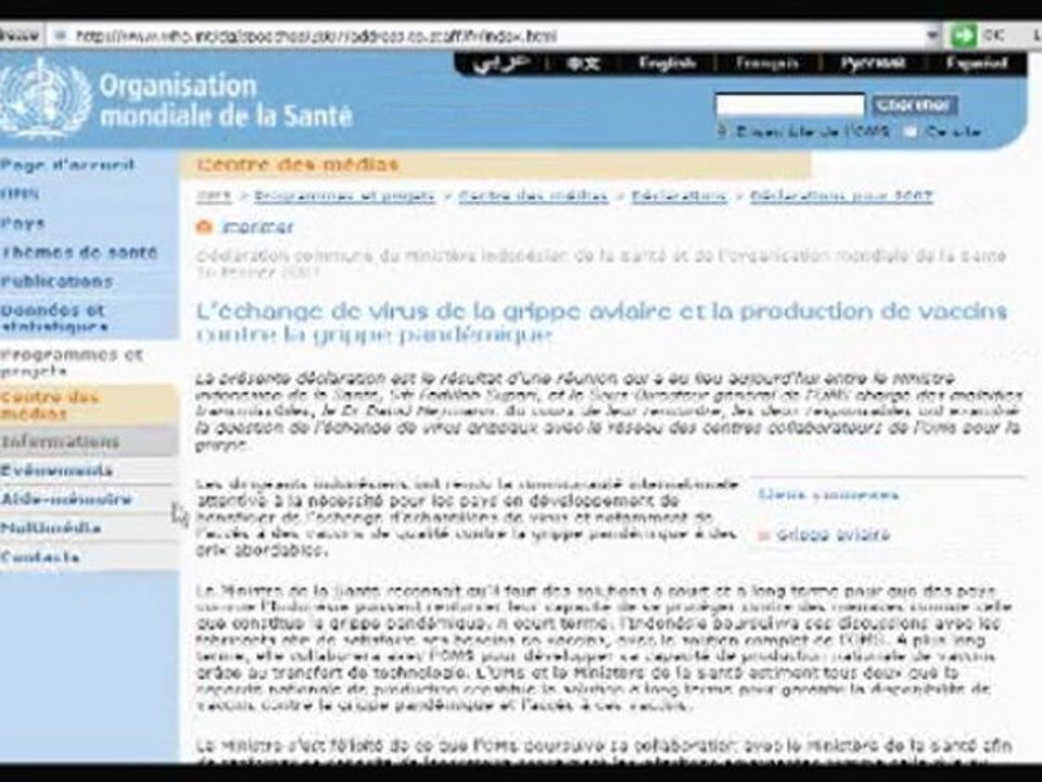Rappel - L'OMS faisait voyager la grippe H5N1 en 2007.