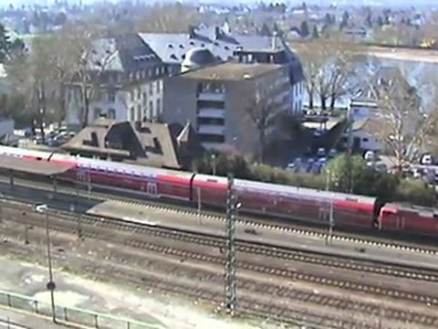 Trains and ships at Linz beside the Rhine near the remains of the bridge of Remagen