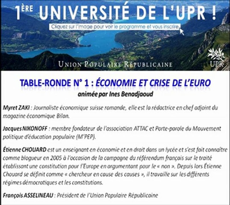UPR 2012 - TR n° 1: Économie et crise de l'euro M. Zaki - J. Nikonoff - E. Chouard - F. Asselineau