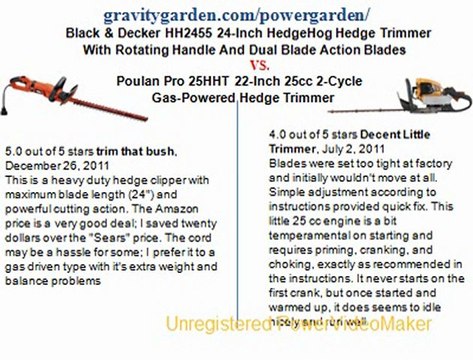 Black & Decker HH2455 24-Inch HedgeHog Hedge Trimmer With Rotating Handle And Dual Blade Action Blades vs Poulan Pro 25HHT 22-Inch 25cc 2-Cycle Gas-Powered Hedge Trimmer