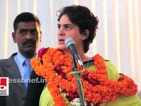 Priyanka Gandhi Vadra speaks at an election meeting in Unchahar, Raebareli