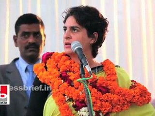 Priyanka Gandhi Vadra speaks at an election meeting in Unchahar, Raebareli