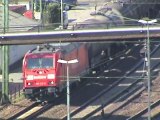 Züge auf der rechten Rheinstrecke in Linz am Rhein, Railion BR185, BR143, 2x BR425