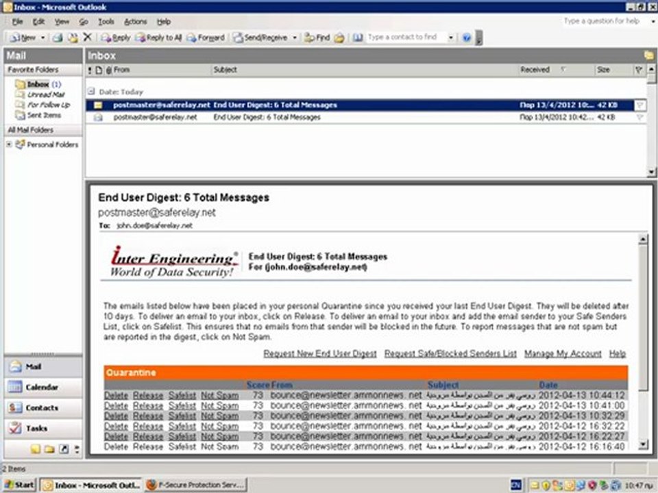 Spam Digest Message - Inter Engineering Secure Email Managed Services