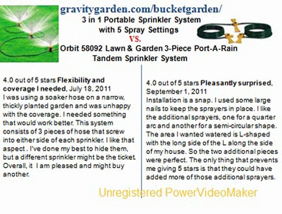 3 in 1 Portable Sprinkler System with 5 Spray Settings vs Orbit 58092 3-Piece Port-A-Rain Tandem Sprinkler System
