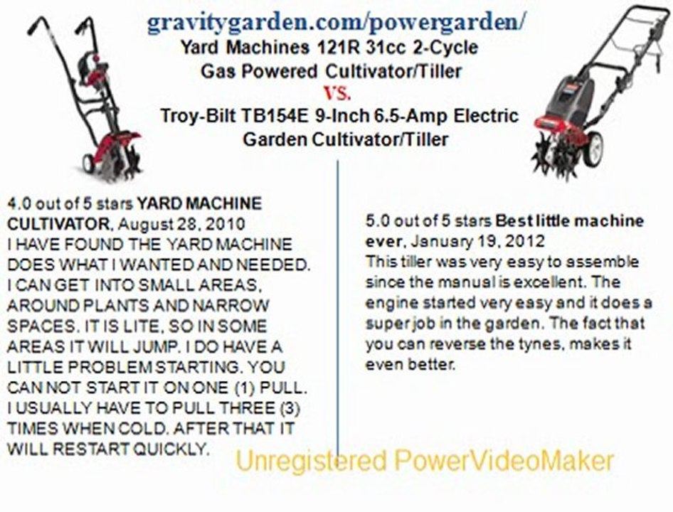 Yard Machines 121R 31cc 2-Cycle Gas Powered Cultivator Tiller (Lawn & Patio)  VS.Troy-Bilt TB154E 9-Inch 6.5-Amp Electric Garden Cultivator Tiller (Lawn & Patio)