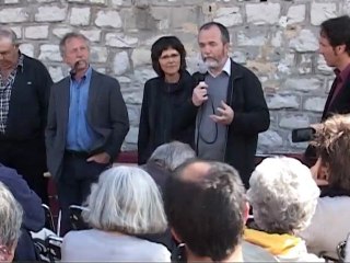 Eric Doulcier, sa suppléante Geneviève Blanc et  les viticulteurs de Quissac recoivent José Bové le 11 avril 2012